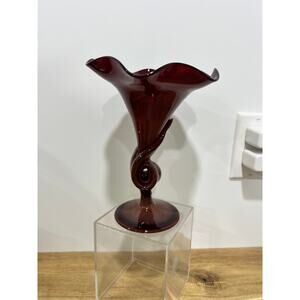Hobbyist (?) Hand Blown Fluted Vase Maroon Red Maker Unknown
